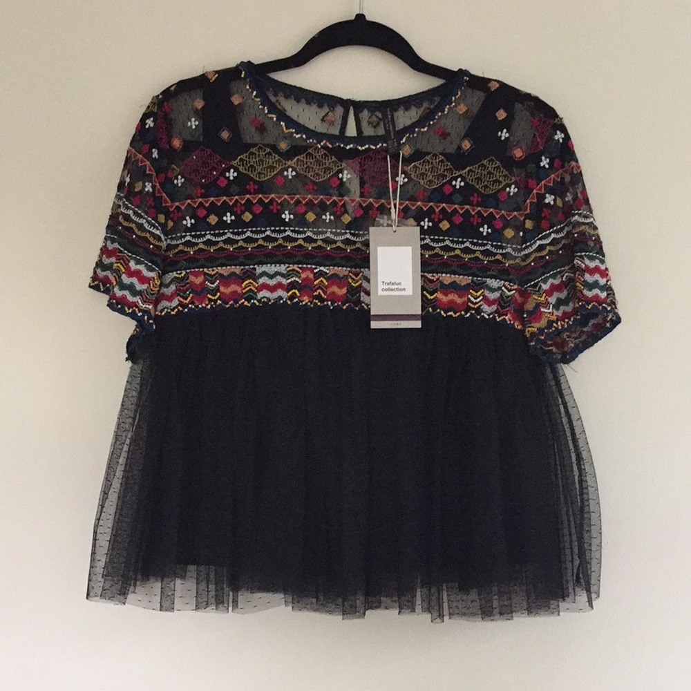 Zara Trafaluc Beaded Babydoll Style Top